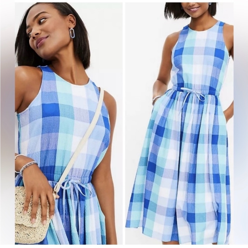 LOFT women’s size Large  Blue turquoise Plaid Sleeveless Midi Dress